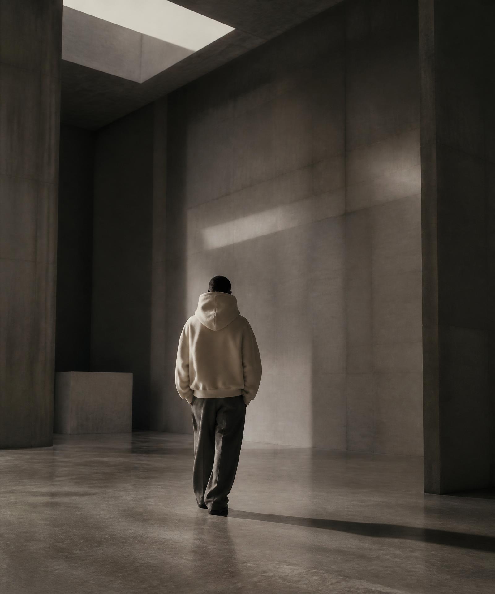 Athlete in bone hoodie in a concrete atelier